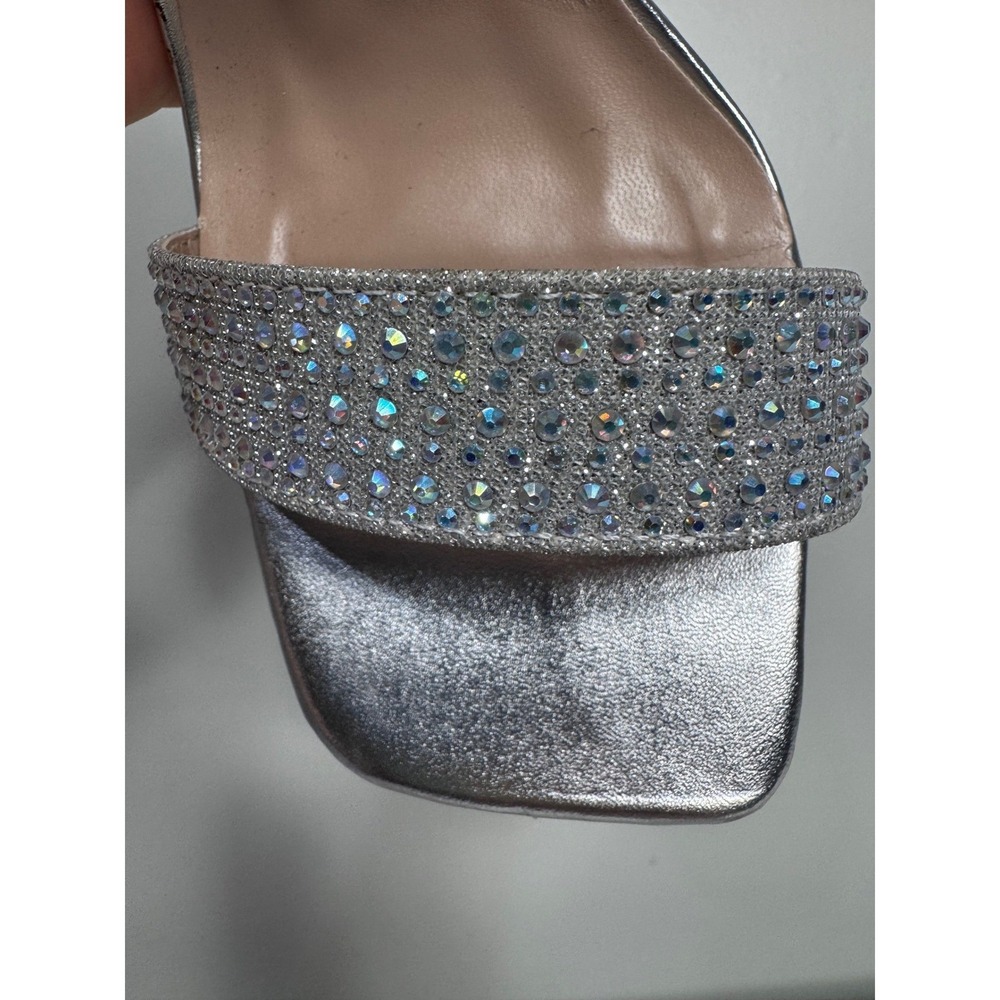 Sparkling Rhinestone Block Heels Silver Ankle Strap Square Toe Sandals 7 Prom - Picture 10 of 14